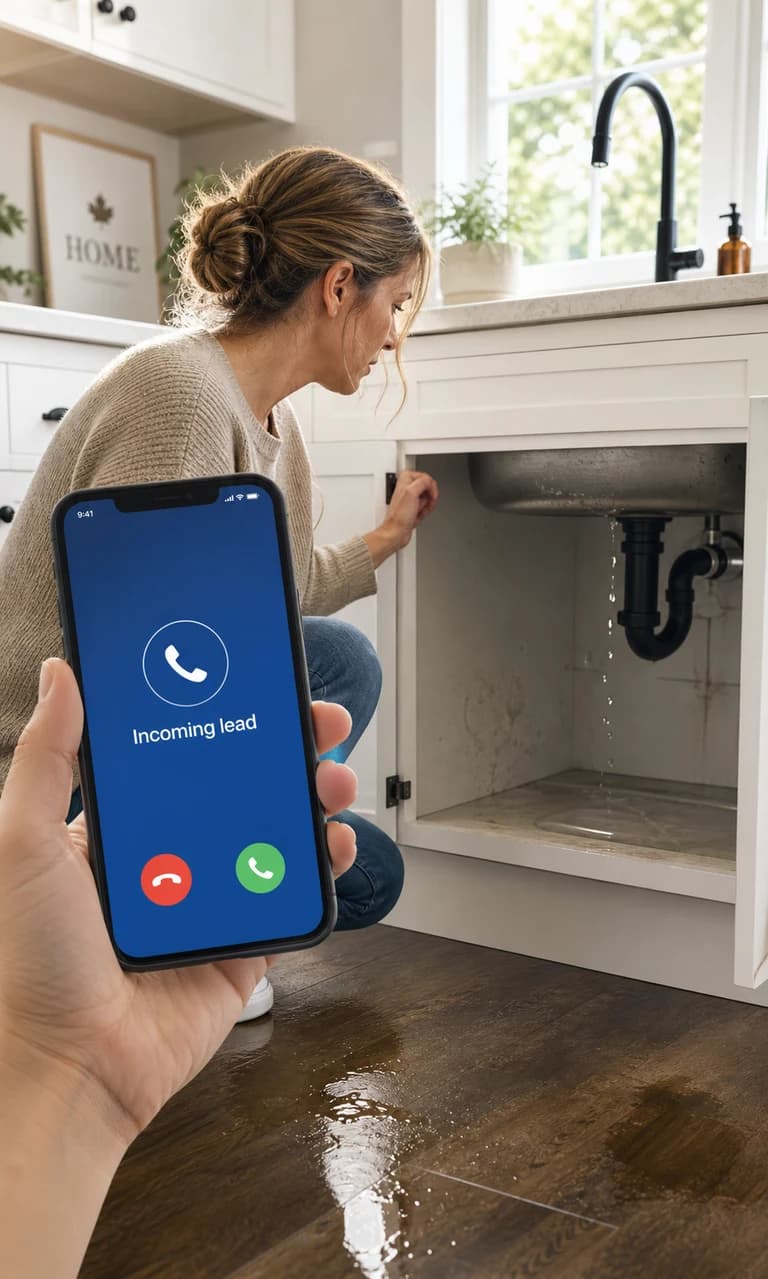 A homeowner receives an incoming service lead call while checking a leaking kitchen pipe