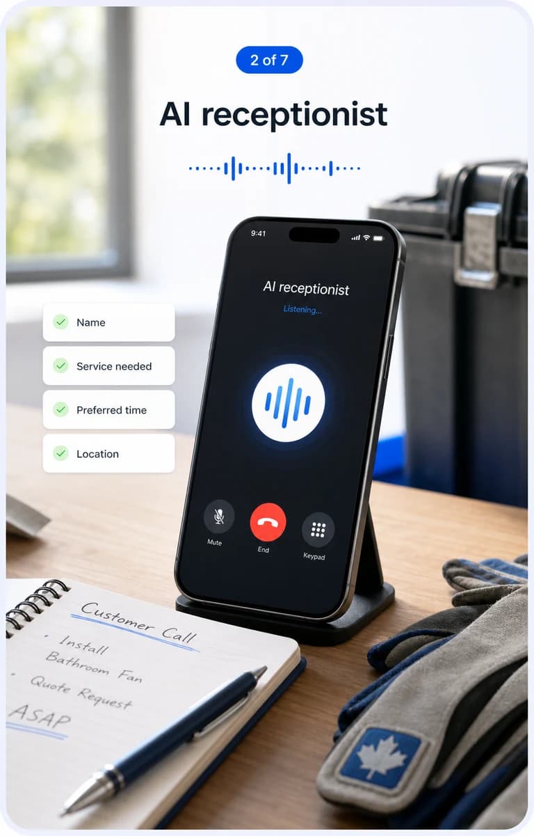 LeadGreeter's AI receptionist gathers customer name, service, location, and preferred time
