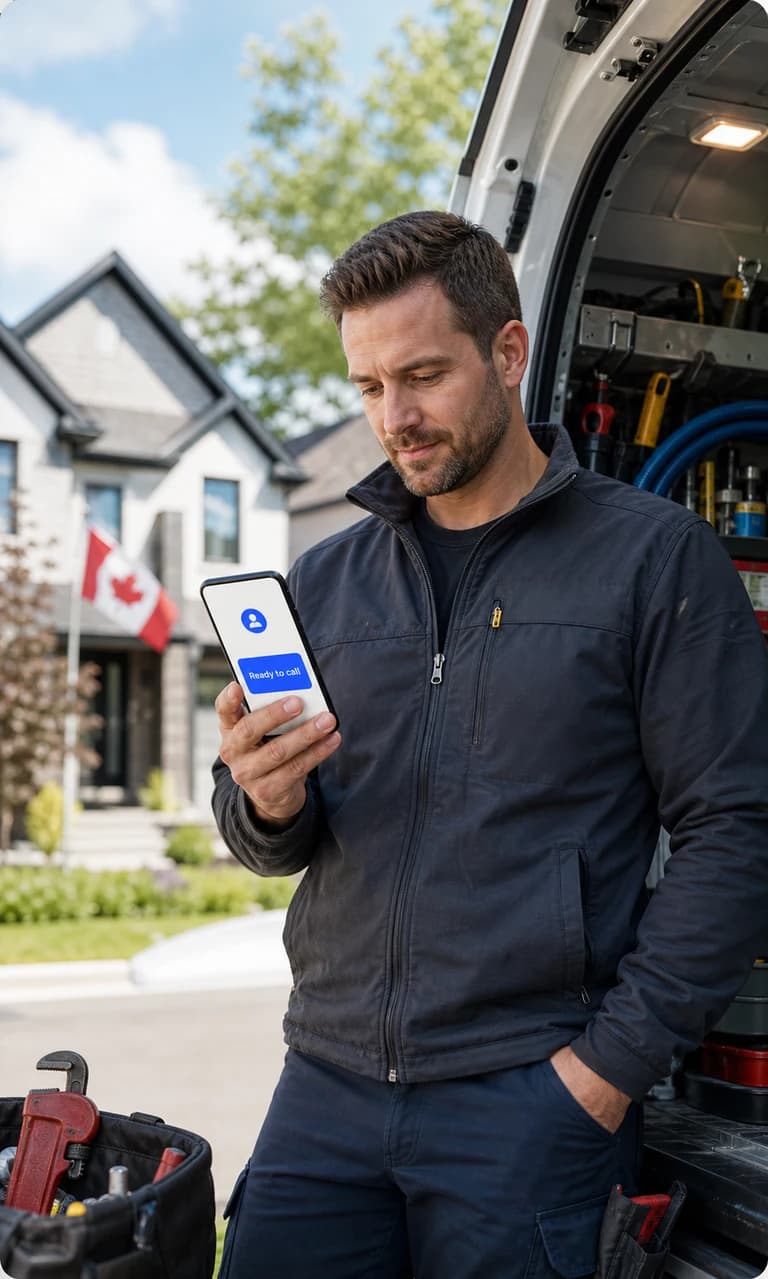 A trade owner reviews a lead that is ready to call beside a service van
