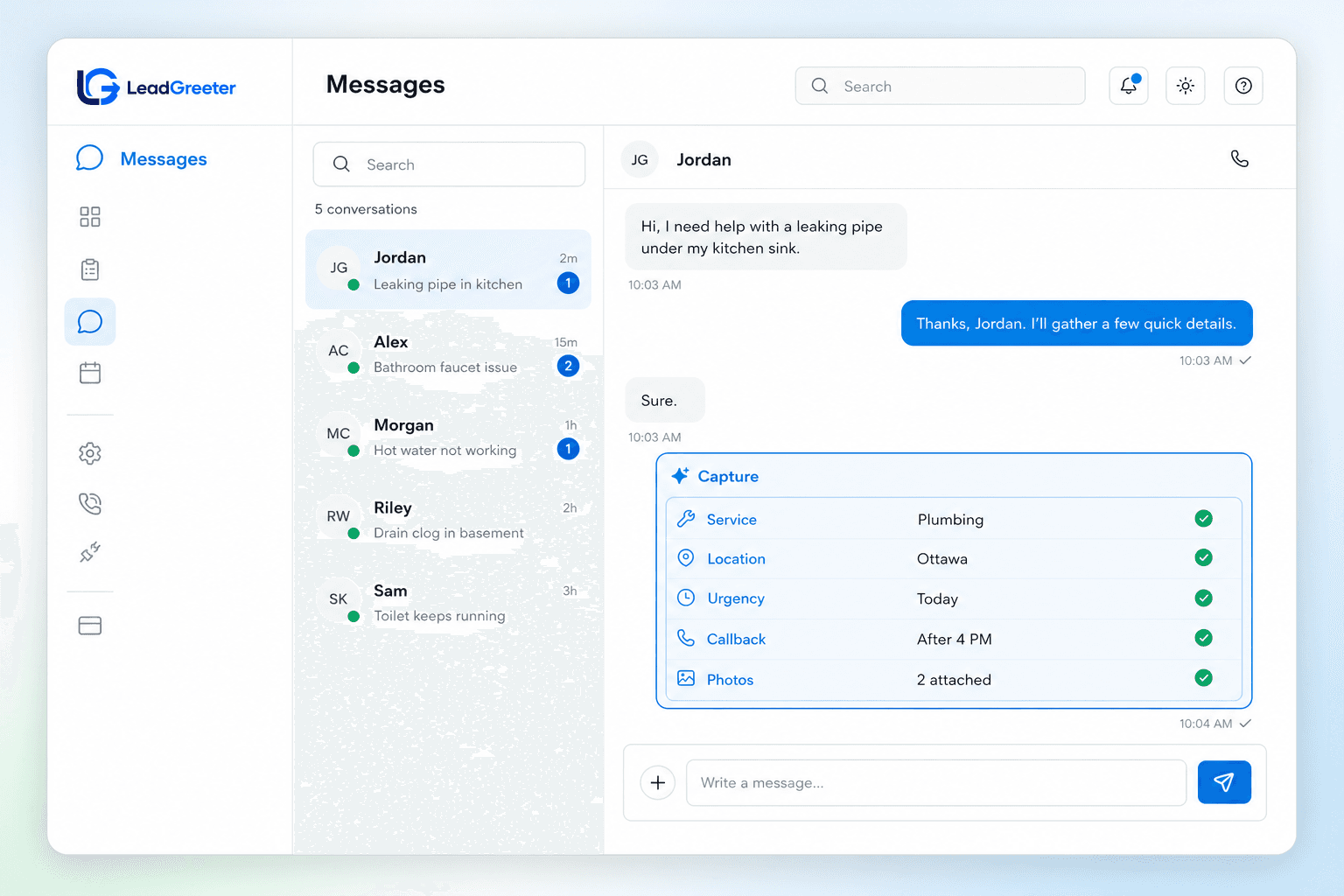 LeadGreeter Messages workspace capturing service, location, urgency, callback, and photo details