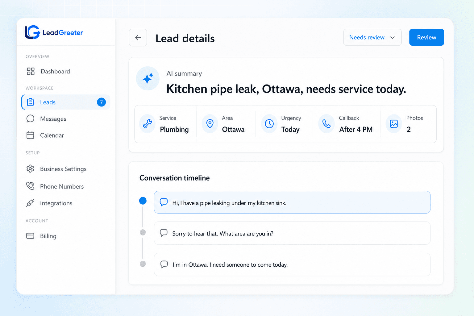 LeadGreeter lead details workspace with an AI summary, structured intake fields, and conversation timeline